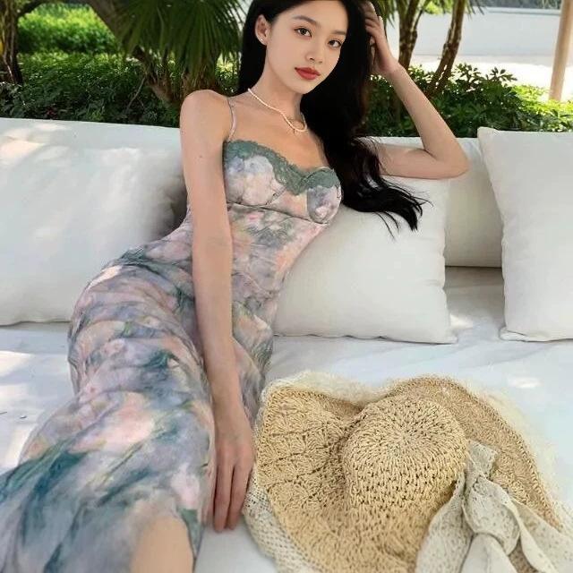 French gentle lace floral suspender skirt suspender summer new dress temperament thin waist dress