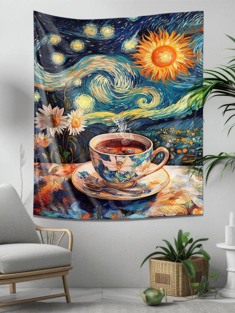 Van Gogh Style Coffee and Sunflowers Wall Hanging  Romantic Art Tapestry Under the Starry Sky 74x94cm(29x37in)