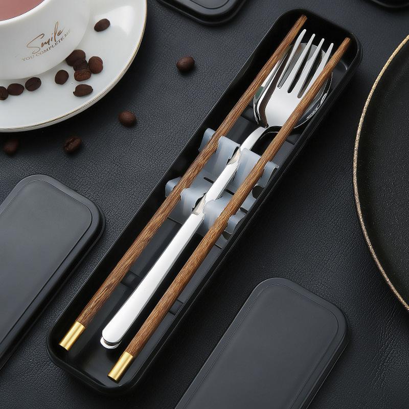 Chopsticks spoon set, one chopstick per person, portable tableware, student storage box, fork, single wooden chopsticks three-piece set