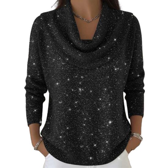 Women Tops Swing Collar Long Sleeve Shiny Rhinestones Pullover Tops Loose Fit Solid Color Flash
