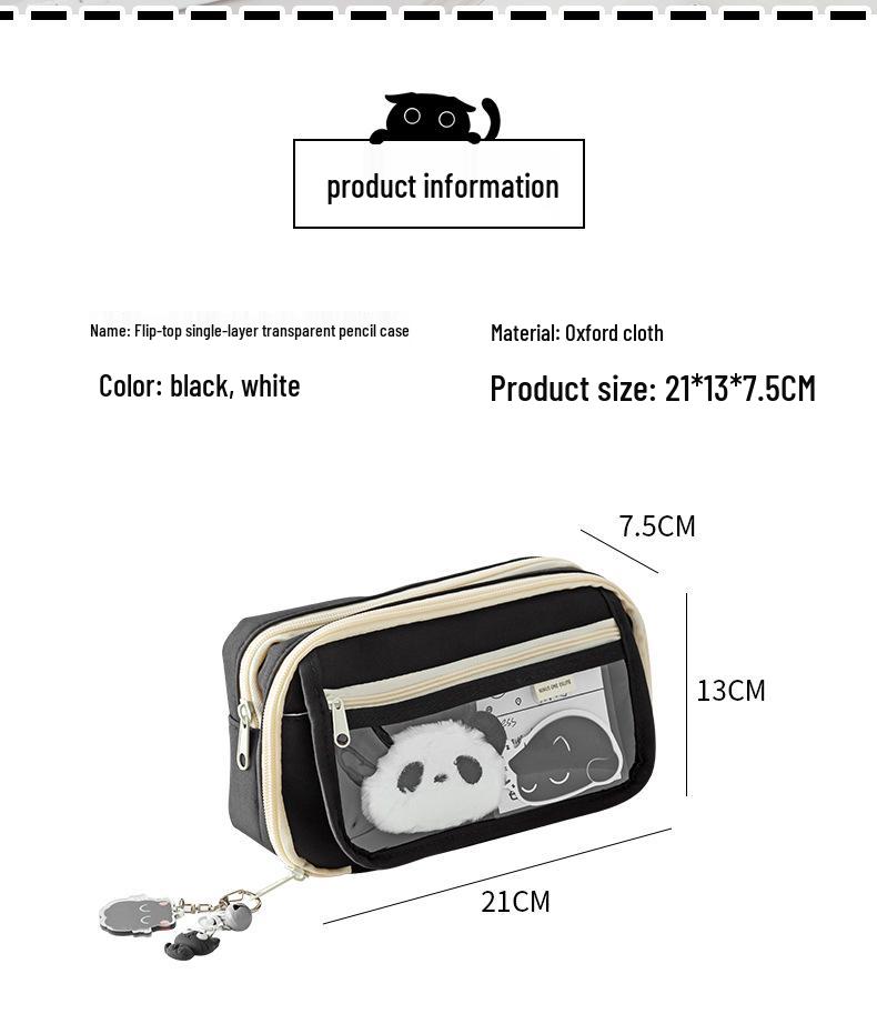 2025 New Little Black Cat Transparent Pencil Case for Girls - Trendy Stationery Box for Elementary, Middle, and High School Students