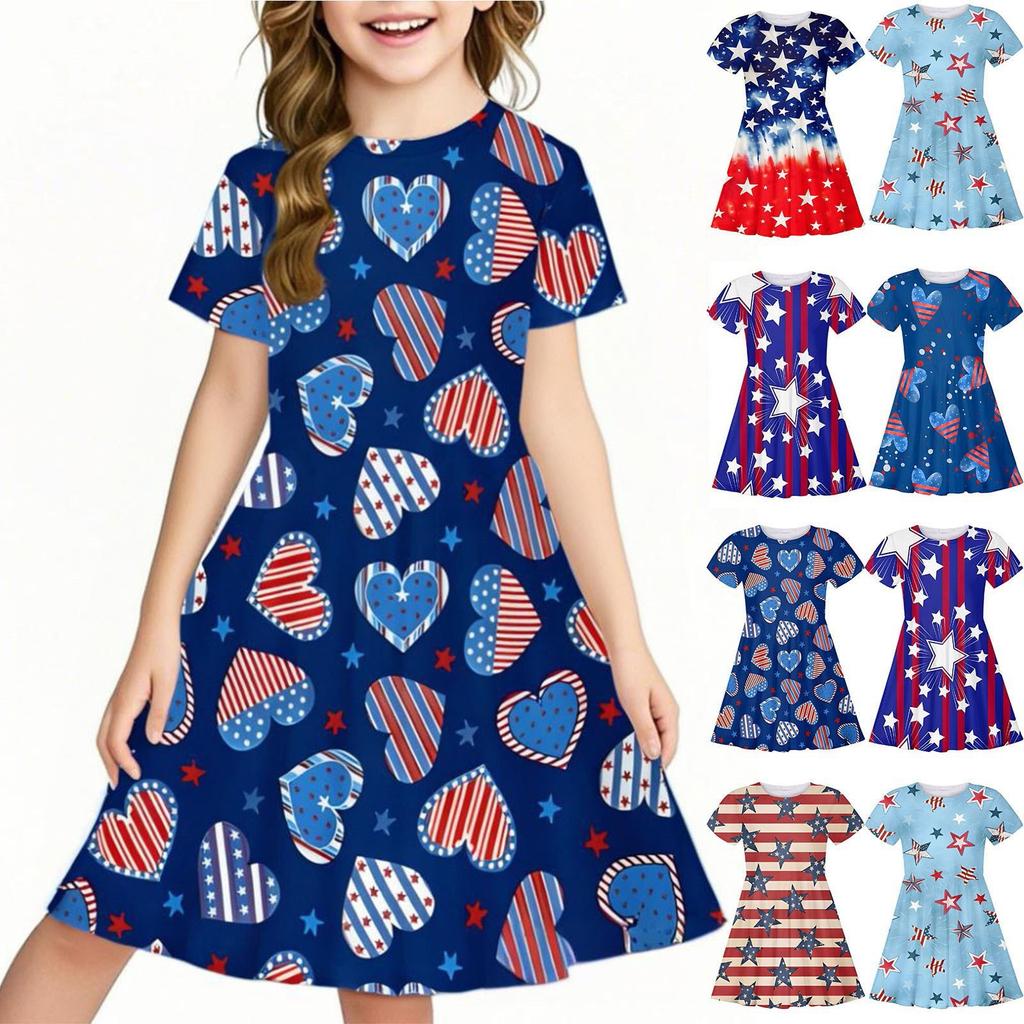 Summer Casual Loose Print Sweet Girl Short-sleeved Princess Independence Day Dress