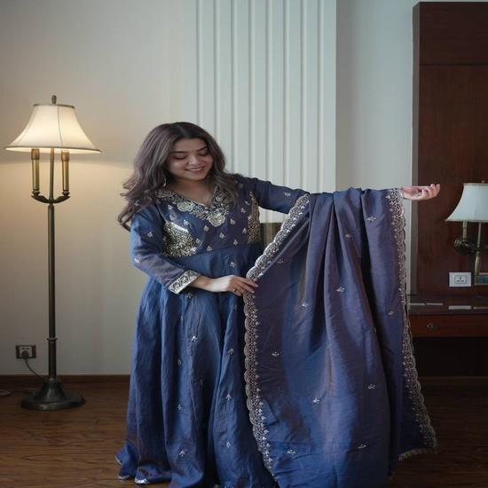 Regal Navy Blue Embroidered Anarkali Suit Set with Scalloped Dupatta FREE SIZE