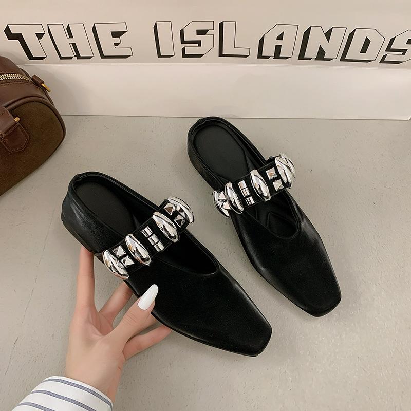 Niche Design Sense Mary Jane Small Leather Shoes Women's Shoes Metal Decoration Shallow Mouth Round Head Flat Heel with Half Drag