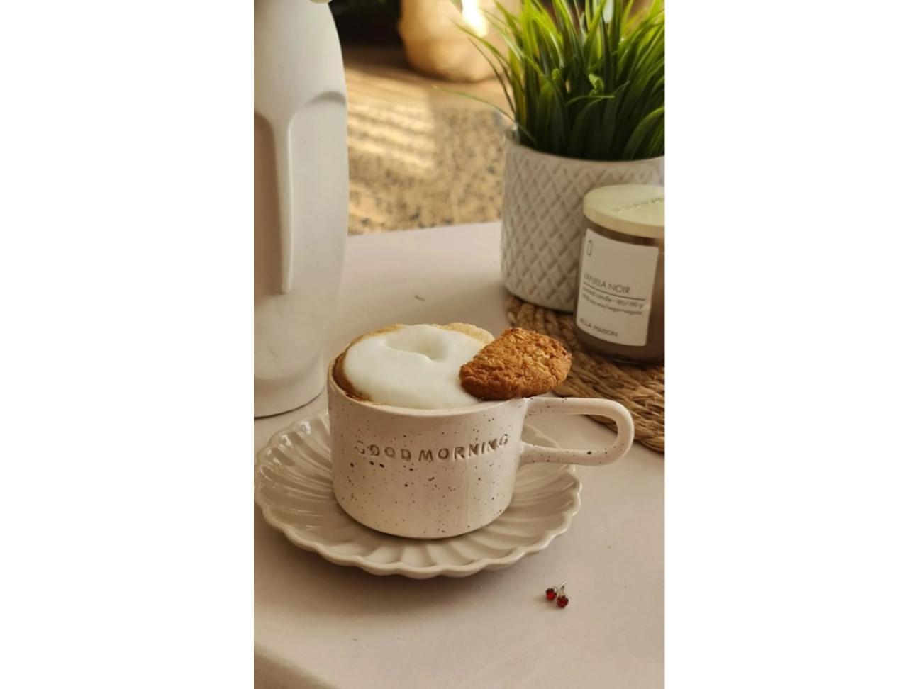 

El Yapımı Seramik Kahve Kupası Good Morning Beyaz Dokulu