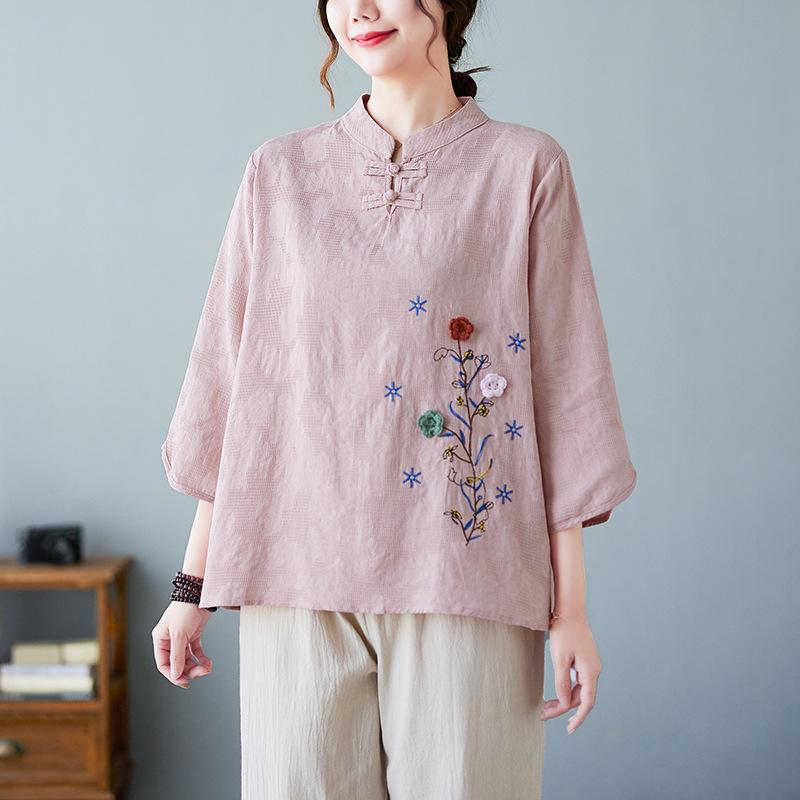 

Three diMansional Embroidered Flower Sleeve Stand up Collar Shirt Ladies Spring and Summer Retro Disc Buckle Loose Three quarter Sleeve Shirt Ladies XXXL розовый