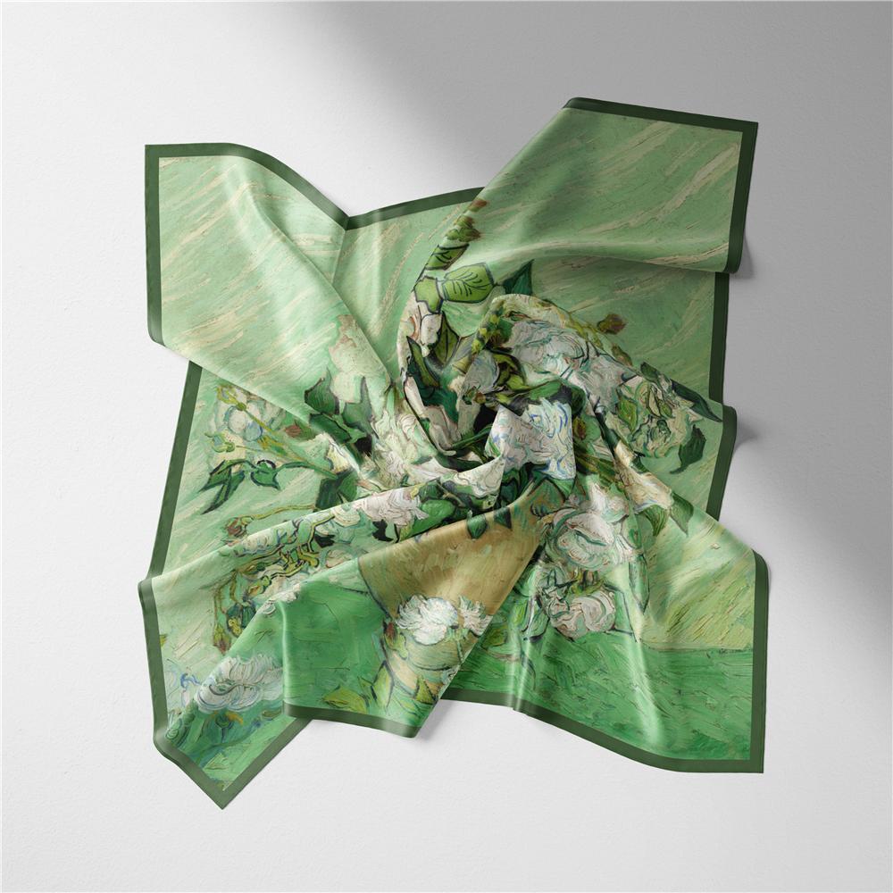 POBING Twill Silk Scarf Woman Floral Painting Square Scarves Wraps Bandana Small Hijab Foulards Tie Headband Neckerchief 53CM