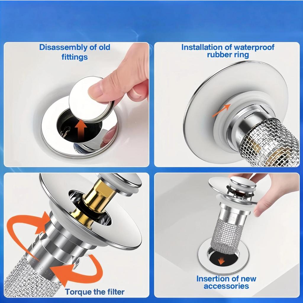 2er-Pack Edelstahl Pop-Up Waschbecken-Abfluss-Sieb – Herausnehmbarer Korb! Verstopfungssicherer Haarfänger für Badewanne/Dusche/Waschbecken