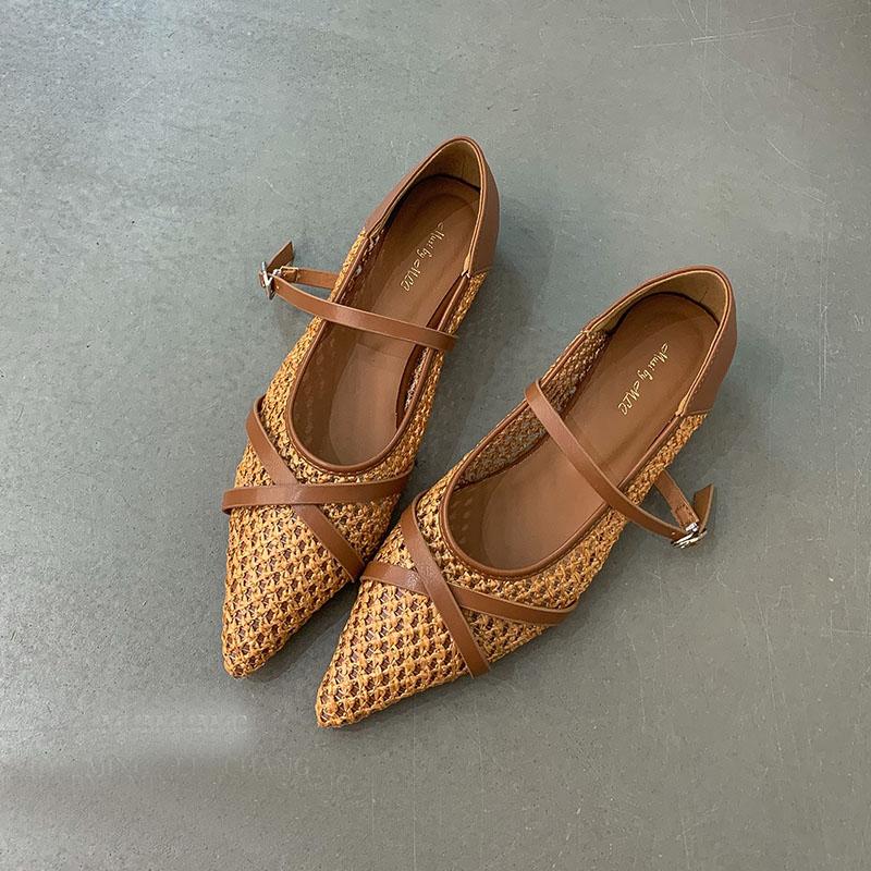 Fashion Weave Fashion Buckle Strap Women Flats Mary Janes Shoes Female Pointed Toe Ladies Flats Shoes With Height Increasing Footwear