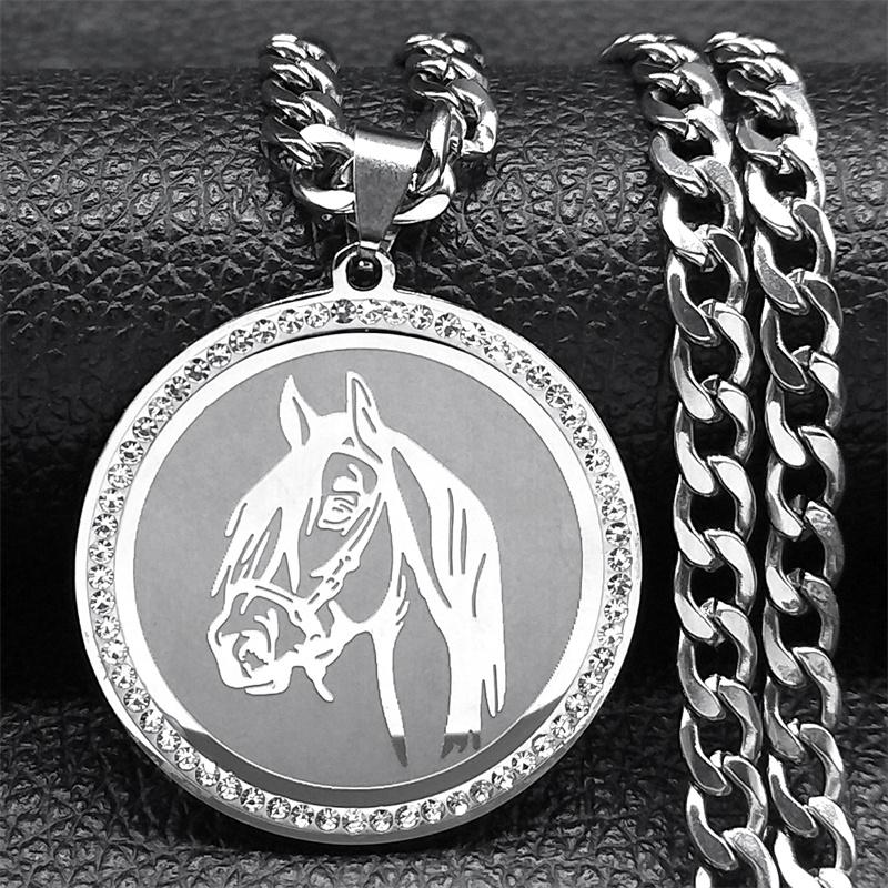 Horse Head Christian Pendant Necklace for Men Hip Hop Stainless Steel Rhinestone Animal Lucky Jewelry Gift for Boyfriend NZZZ498