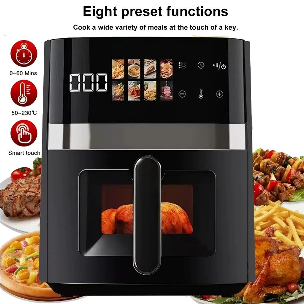 5QT Oilless Fryer Black Large Capacity Visual Window Color Display Fully Automatic Electric Fryer Cooker Chicken French Fries