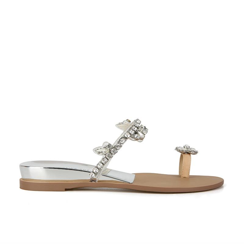 [] Sleepwalking in summer~ Flower diamond buckle slope heel set toe flat-bottomed slippers women's sandals wear summer