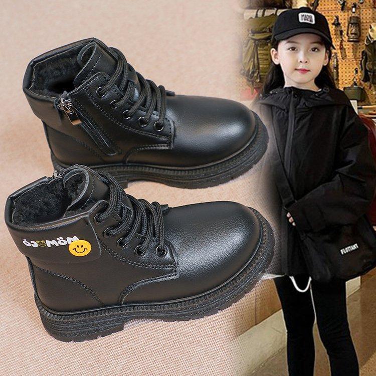 Children's Martin Boots Girls' Fleece Short Boots 2025 Winter New Girls Fashion Leather Boots Warm Thickened Cotton Boots Tide