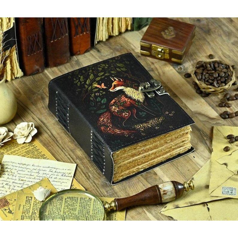 Large Fox Vintage Grimoire Fat Journal Blank Spell Book Handmade Leather Journal