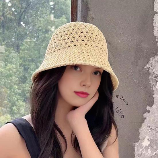 Women Fisherman Hat Hollowed-Out Design Sun Protection Hat Wide Brim Braided Basin Hat Summer Accessory