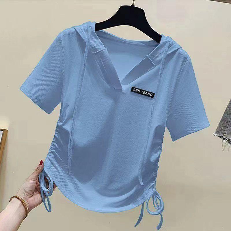 

Модная универсальная футболка с капюшоном и короткими рукавами, женская корейская версия, повседневный пуловер, летняя свободная универсальная футболка M