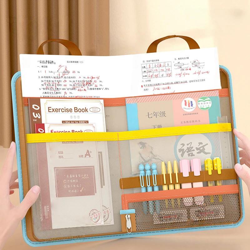 L-shaped A4 File Bag Large Capacity 4 Layers Stationery Storage Bag Transparent Mesh File Organizer School Supplies