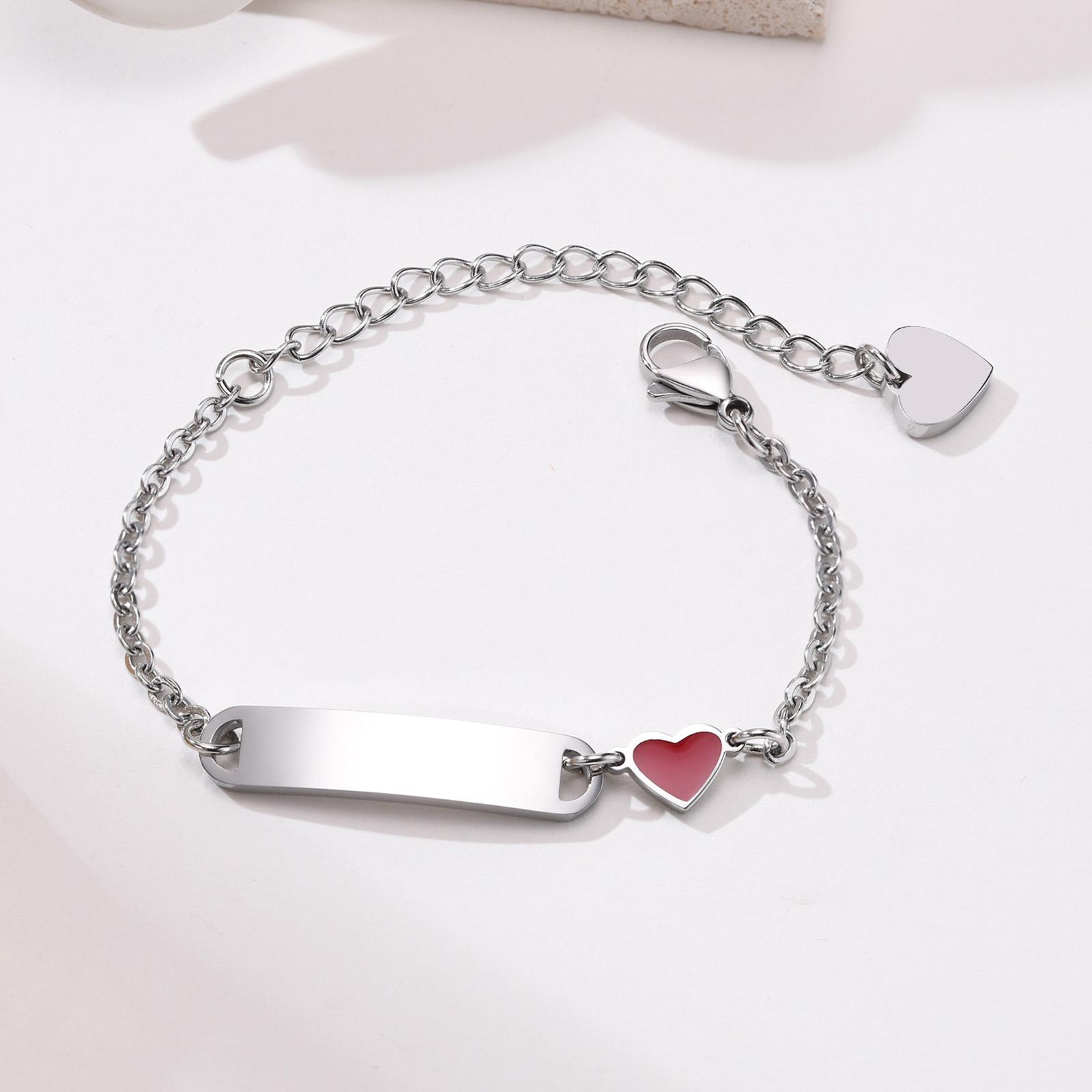 

Personalized Name ID Bracelet, Not Allergic Stainless Steel Chain Link with Heart Charm Bracelet,Custom Gilrs Boys Gifts No Custom