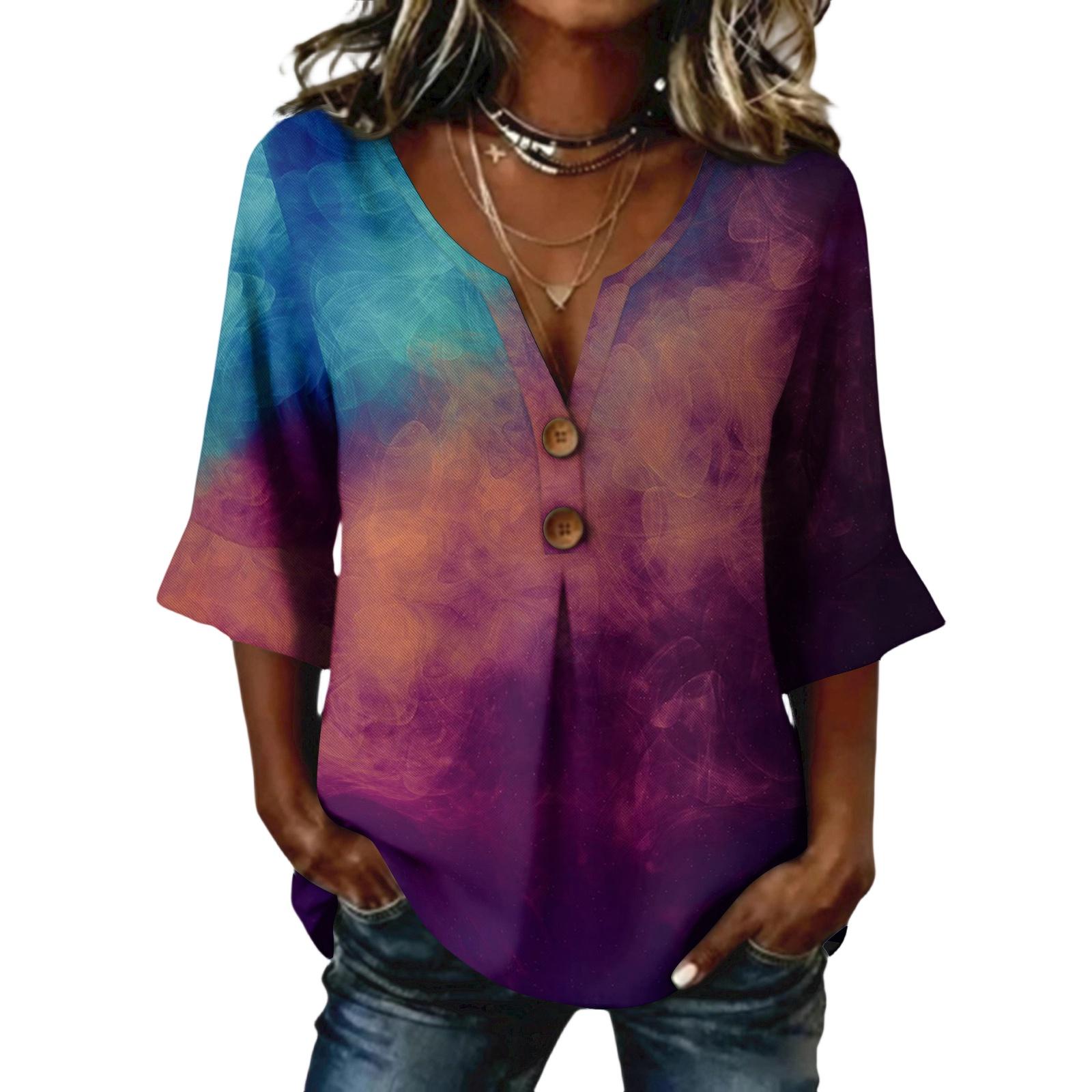 

Women’s V Neck Button Front Loose Fit Blouse Three Quarter Sleeve Casual Gradient Print Top for Daily Wear XL
