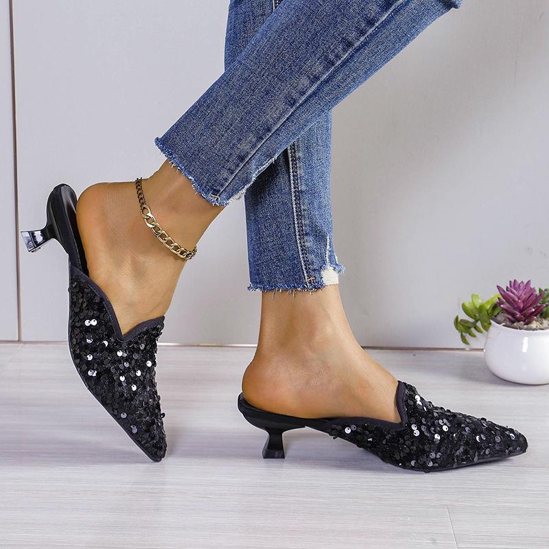 Fashion Slippers Women Fashion Women's Mules New Sexy Party Shallow Slipper Ladies Pointed Toe Bling Shoes Female Heeled Summer Footwear