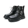 Men's Black Round Toe Ankle Boots with Cross Metal Buckle, Thick Sole, Side Zipper, and Knight Design.