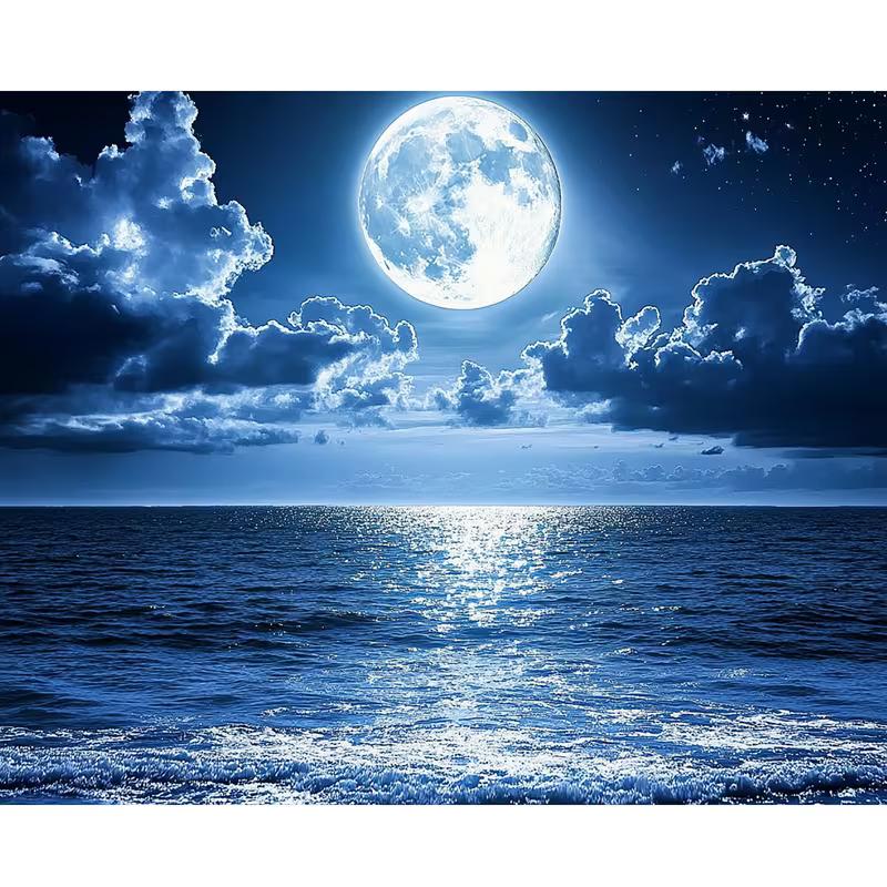2D Vollmond Meer Wandteppich, Ästhetische Blaue Ozean Wanddekoration