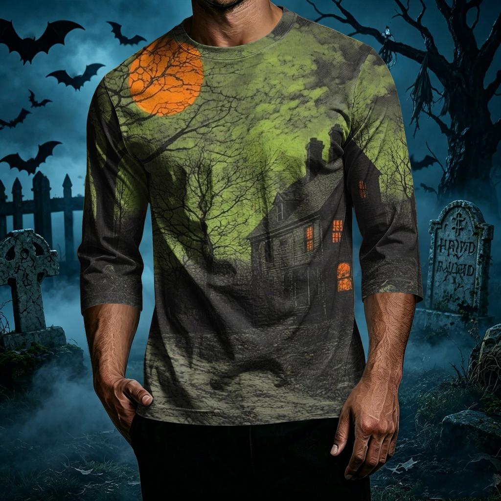 Men's Casual Halloween Print Crew Neck T Shirt Three Quarter Sleeve Regular Fit Top Suitable for Everyday Wear and Seasonal Events