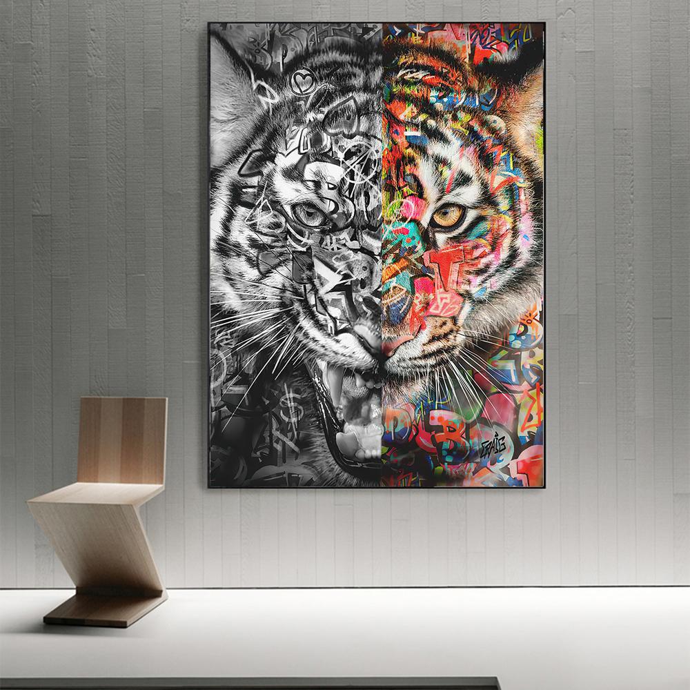 Cuvinte tigru abstracte Graffiti Artă Picturi pe pânză pe perete Postere și imprimeuri Animale negru și color Poze Decor de perete