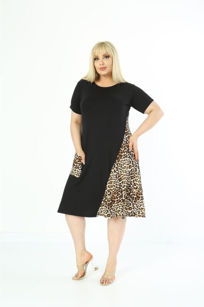 Women's Big Size Dress Cross Detailed Single Pocket Knee Length Short Sleeve Midi Length Stylish Summer Combed Cotton Dress