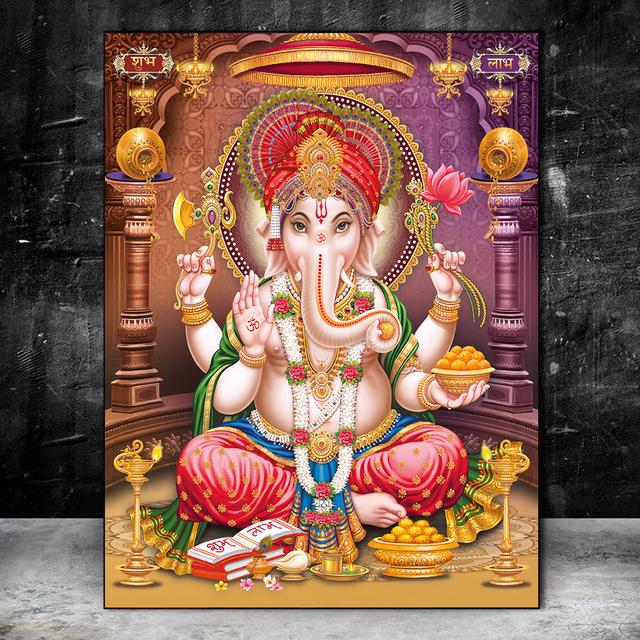 Indian Elephant God Paints Gold Ganesha Temple Poster On Canvas Modern