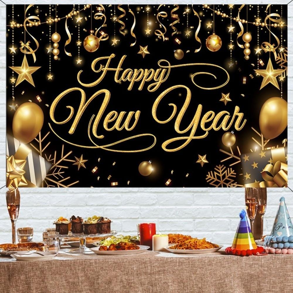 Black Gold 2026 New Year Backdrops Polyester Colorful Balloon Party Background Night Glittering Champagne Photo Background