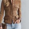Womens Vintage Casual Brown Fitted Jacket Stand Collar Long Sleeve Regular Length