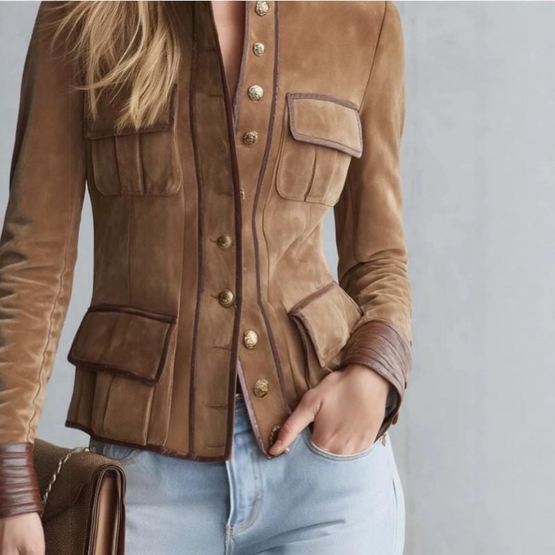 Womens Vintage Casual Brown Fitted Jacket Stand Collar Long Sleeve Regular Length