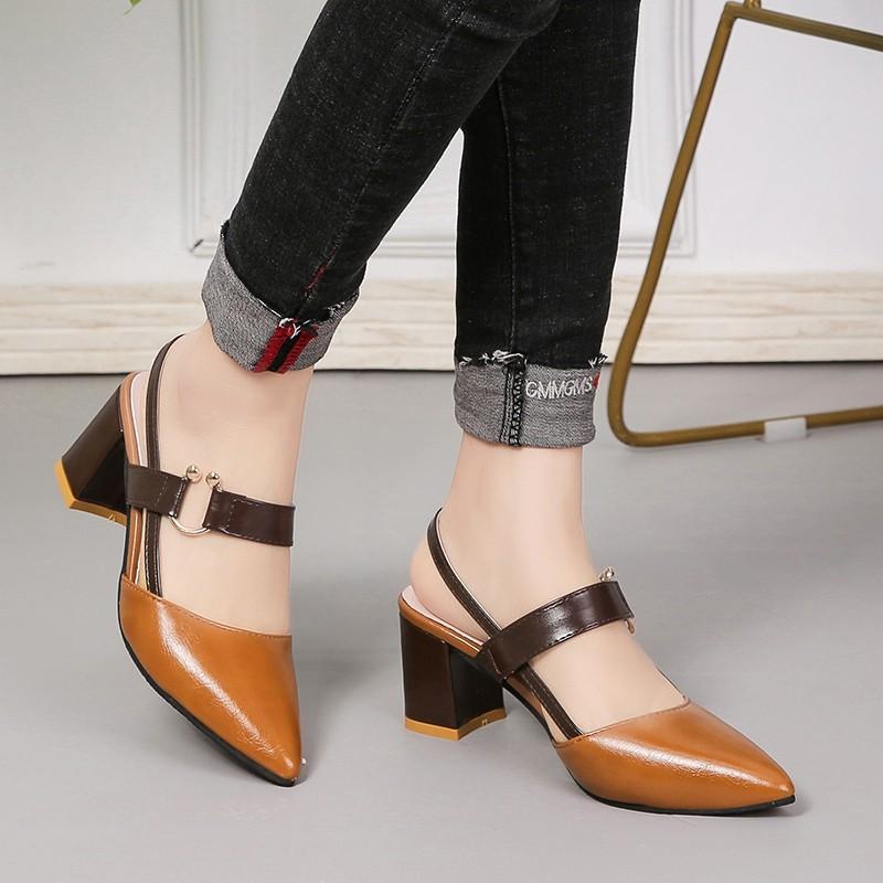 Luxury Women's High Heels Pointed Toe Women Sandals Pu Leather Party Shoes High Quality Chunky Heels Women Shoes Fashion Zapatos