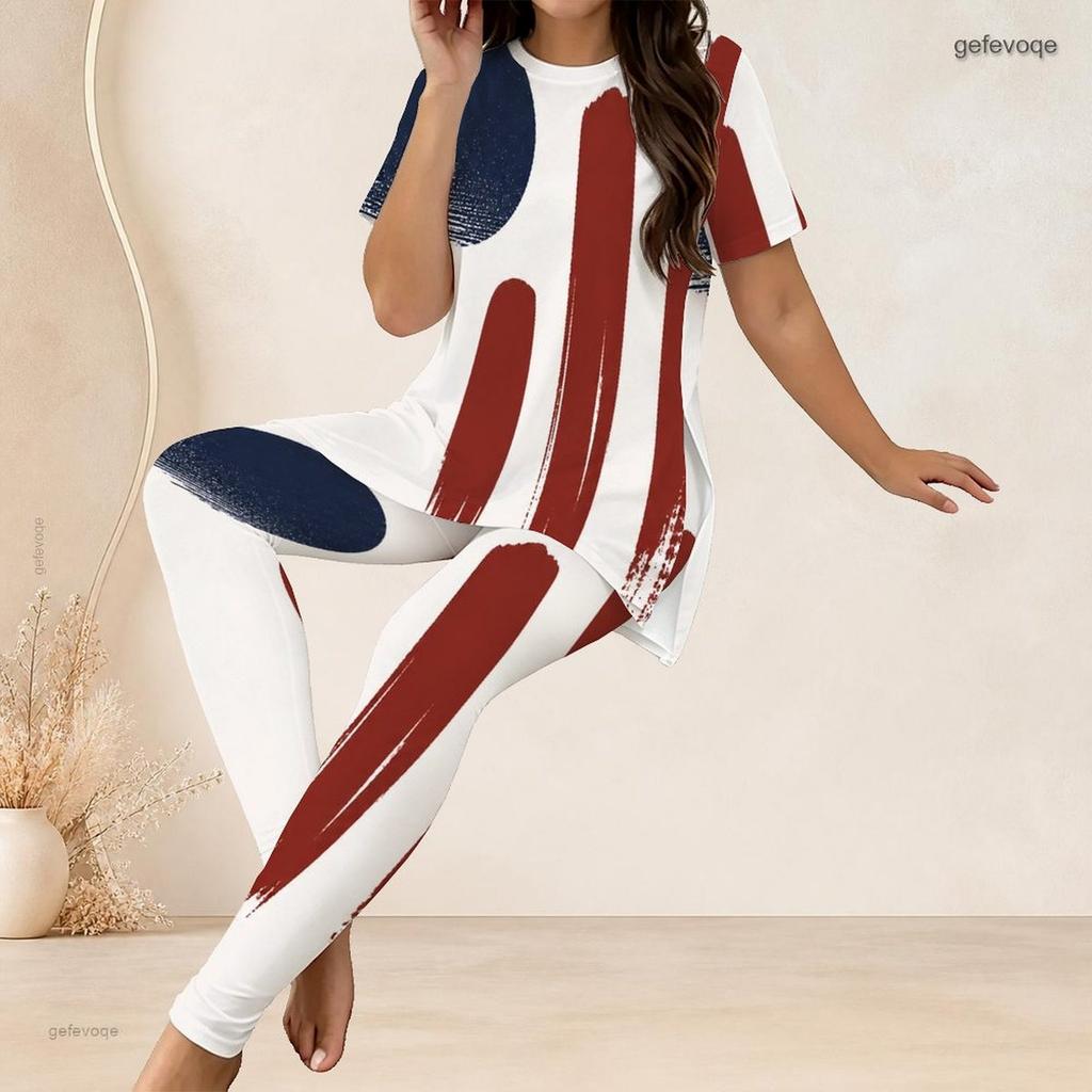 Women Plus Size Round Neck Short Sleeve American Flag Printed Long Top Fitted Pants Two Piece Set