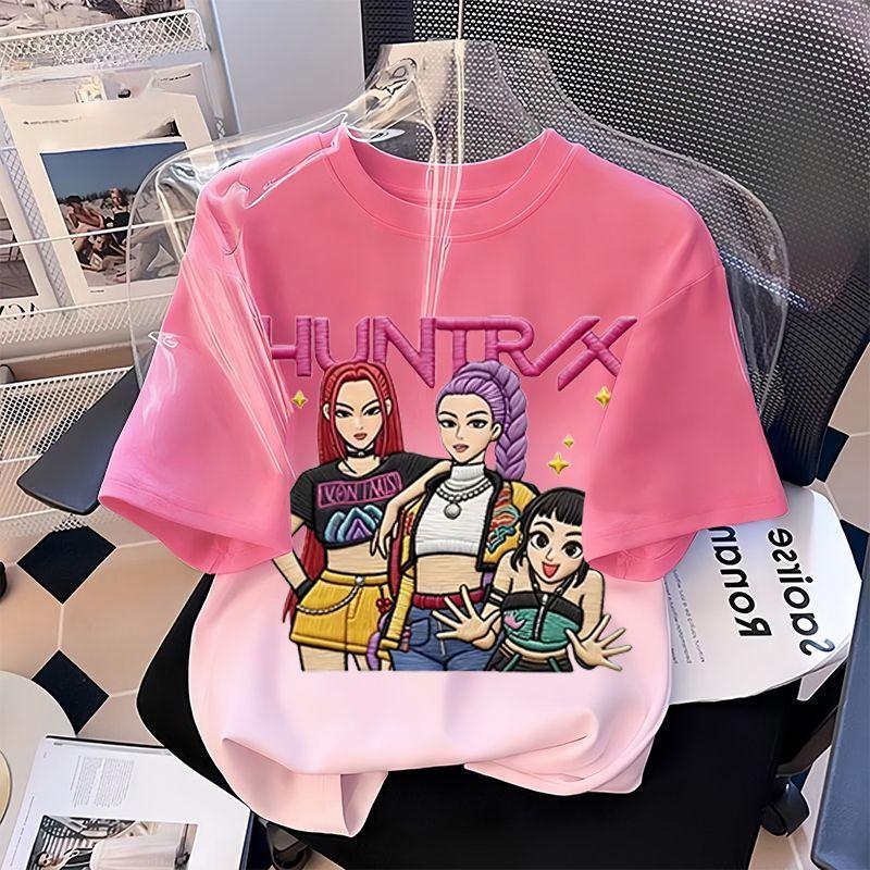 

Girls Fashionable Demon-hunting Girl Group Embroidered Blazer for Summer Children s Casual Loose Cotton T-shirt 100