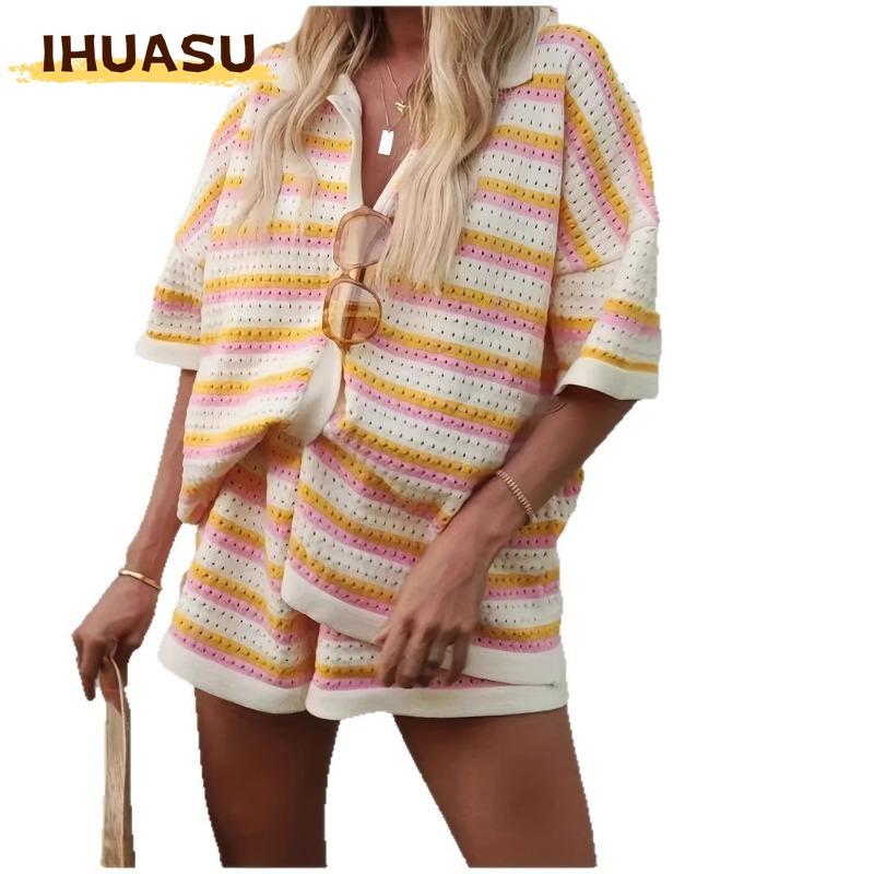IHUASU Damesmode Casual Korte Mouw V-hals Broekpakken