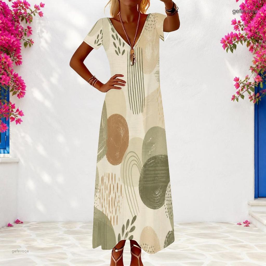 Women Plus Size V Neck Short Sleeve Printed Loose Maxi Dress
