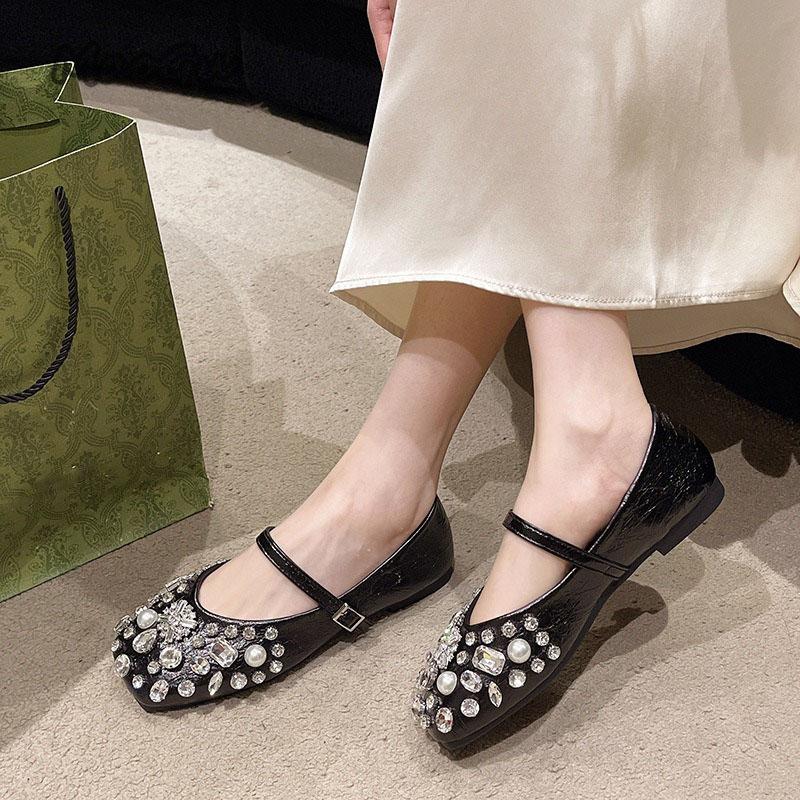 Fashion Women’s Flat Shoes Fairy Style Silver Sequins Mary Janes Basic Spring Summer Rhinestones Low Heel Pumps Single Shoes Square Toe