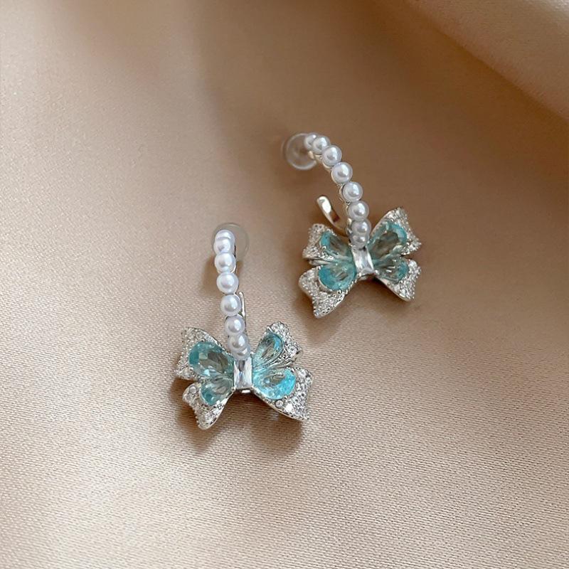 Elegant Blue Zircon Bow Pearl Stud Earrings – High-End, Versatile Fashion for Women