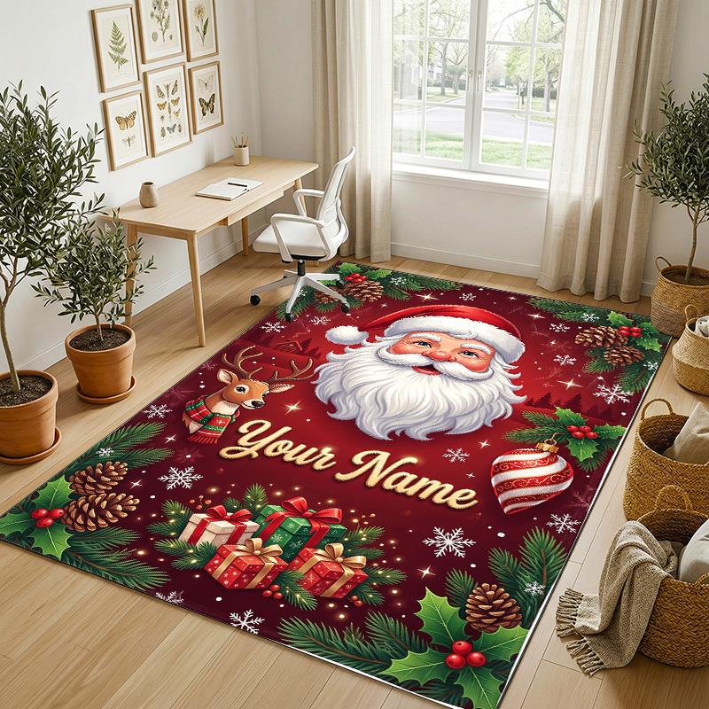 Christmas Theme Crystal Velvet Rug Personalized Custom Name Text Soft Floor Mat Home Decor