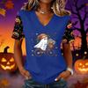 Women's Short Sleeve V-Neck Pullover Top with Halloween Print for Casual Everyday Wear