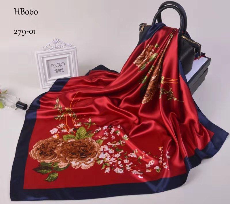 [BYSIFA] New Blue Pure Silk Satin Scarf Shawl Women Brand Floral Design Large Square Scarves Elegant Muslim Ladies Head Scarf