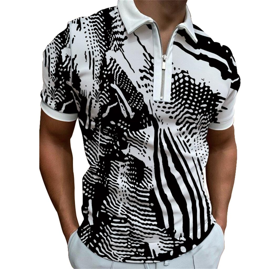 Men's Short Sleeve New Summer Zipper Casual POLO Shirt Men's Fashion Printing Lapel POLO Shirt T-shirt