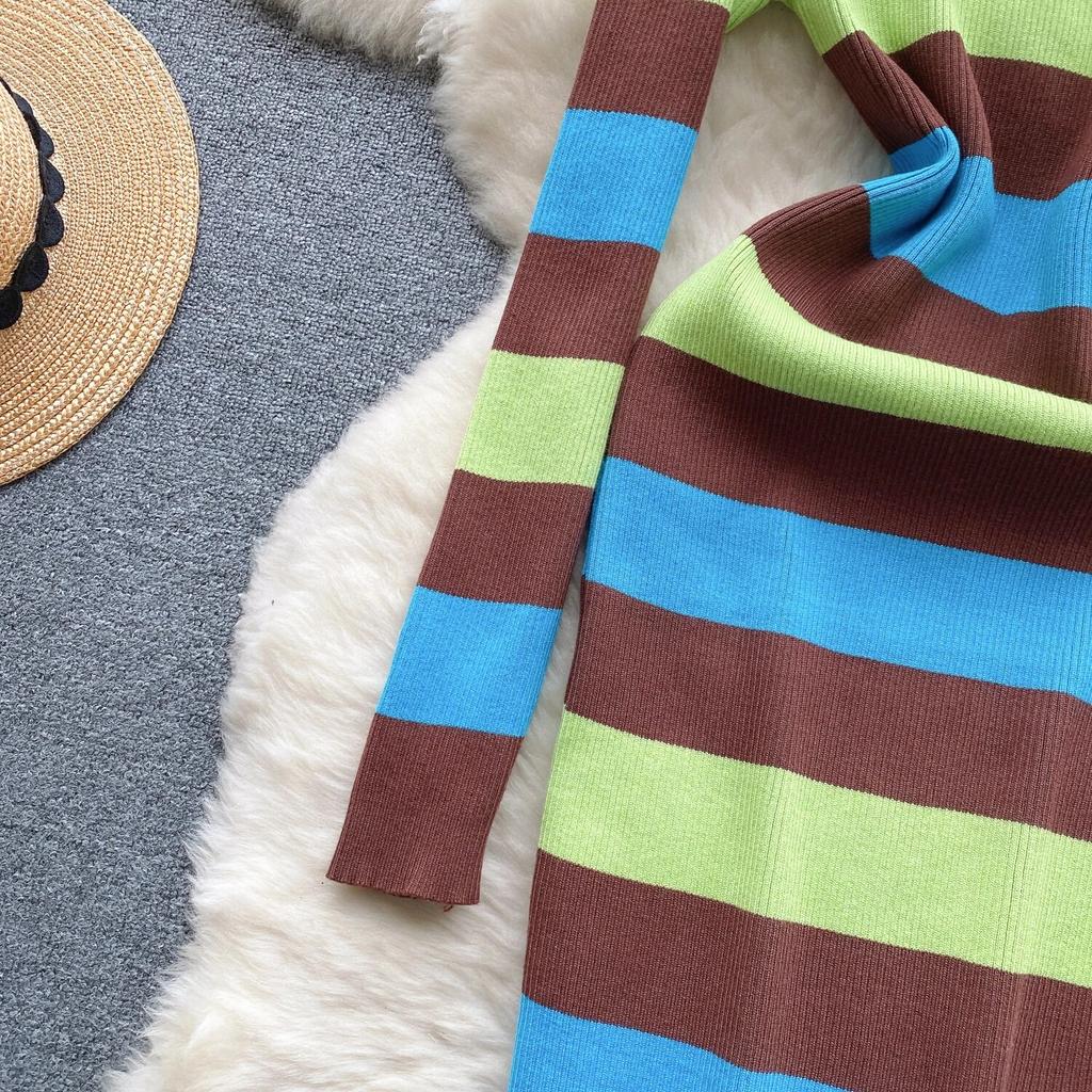 Rochie șic cu dungi pe jumătate guler înalt, tricot elastic, bodycon, cu mânecă lungă, pentru femei, la modă sexy, rochie de primăvară, subțire, rochie creion