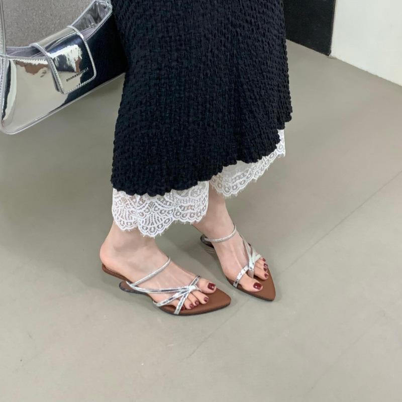 French pointed toe wedge slippers fairy shoes 2025 new summer with skirt toe silver Roman shoes