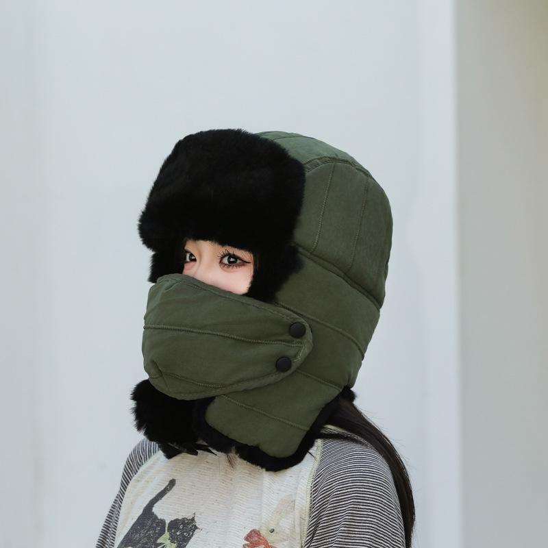 Hat Men's winter real rabbit hair cold-proof women's tide cycling warm fleece thickened cotton hat