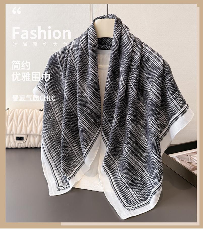British retro plaid imitation silk large square scarf printed commuter shawl neck silk scarf herringbone women's scarf headscarf