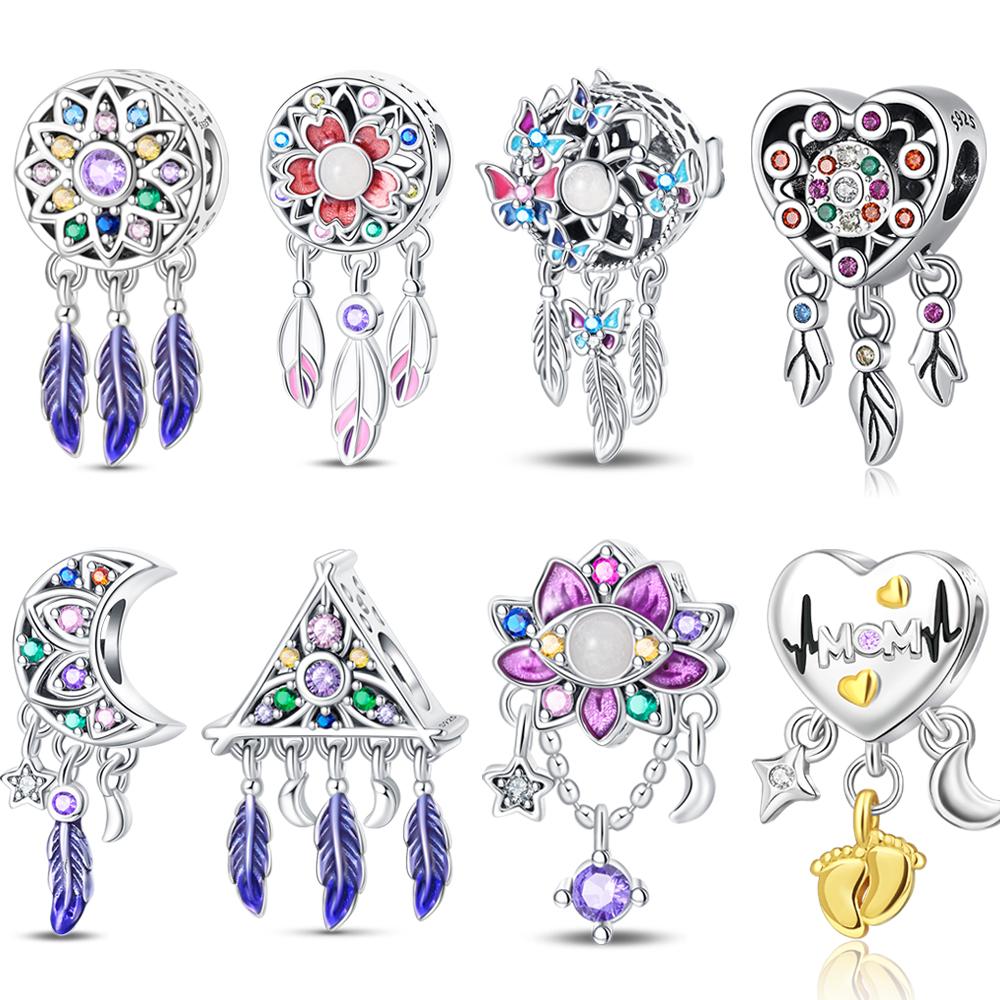 Colorful Copper Openwork Feathers Dreamcatcher Charm Fit Original Bracelet Cherry Blossom Charm For Jewelry Gift