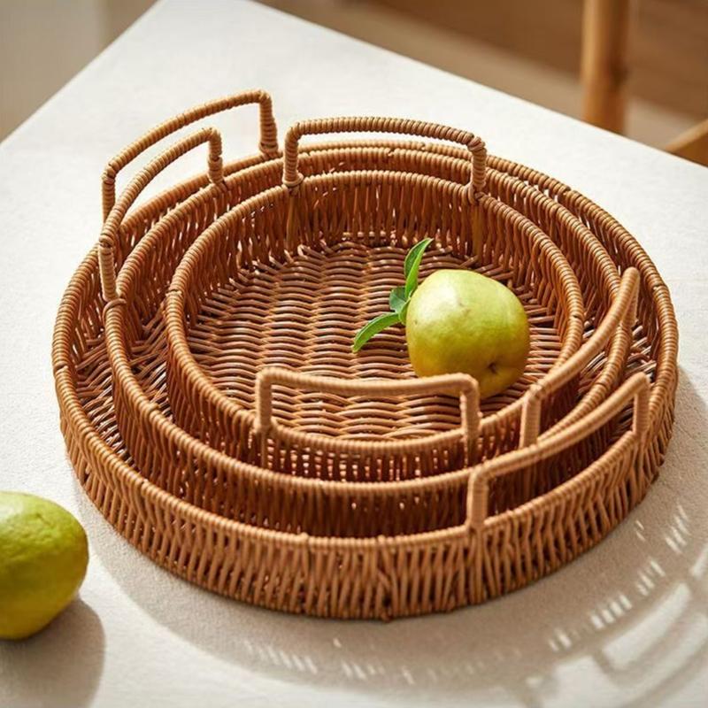 Portable PP Handwoven Look Serving Tray With Easy Carry Handles For Dining Table Decoration